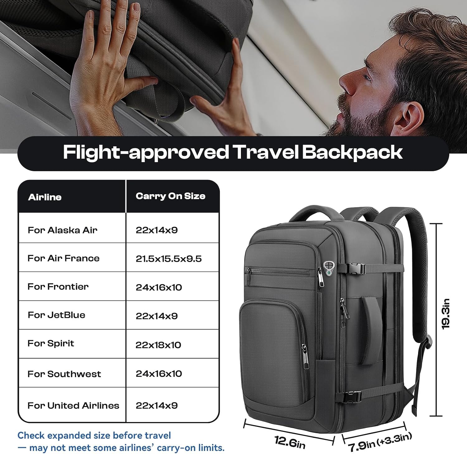 Travel Backpack, Expandable Carry On Backpack Flight Approved,17.3" Laptop - Image 7