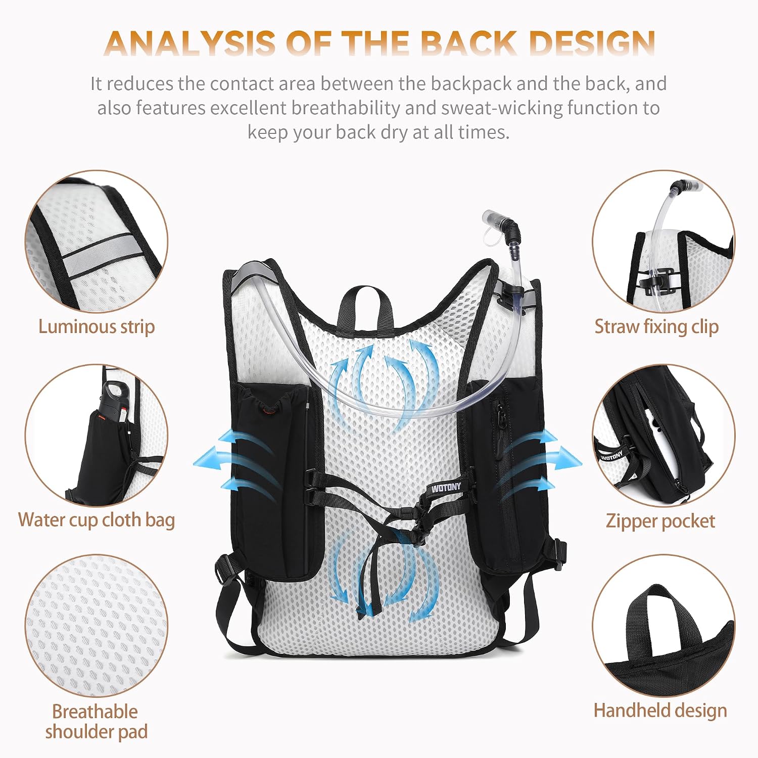 Wotony Lightweight Hydration Backpack with 2LOR 3LWater Bladder for Cycling Hiking Rave - Water Daypack for Men Women - Image 3