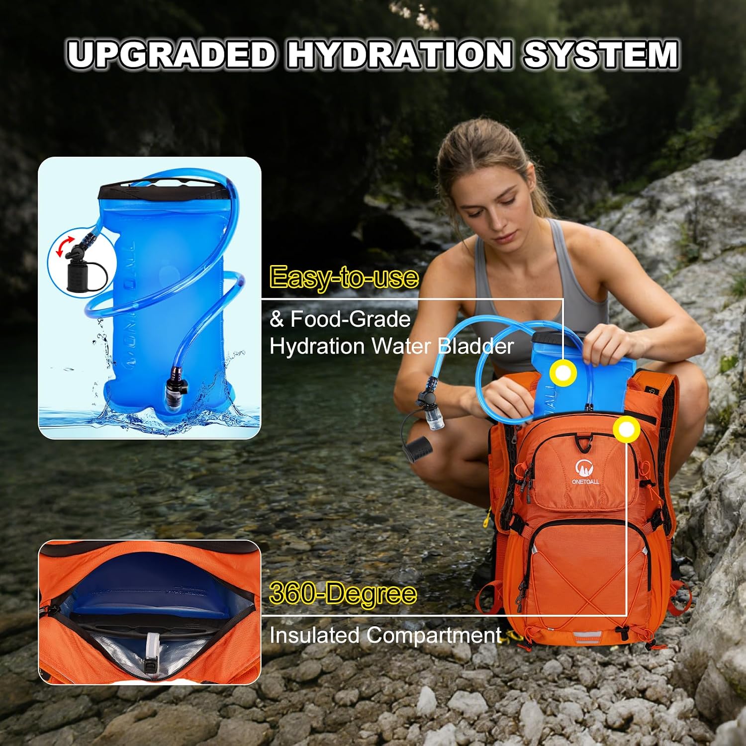 Hydration Backpack 22L, Hiking Backpack with 2L Leakproof Bladder, Sewn-in Rain Cover, Insulated Compartment for Men & Women Running, Cycling, Camping - Image 3