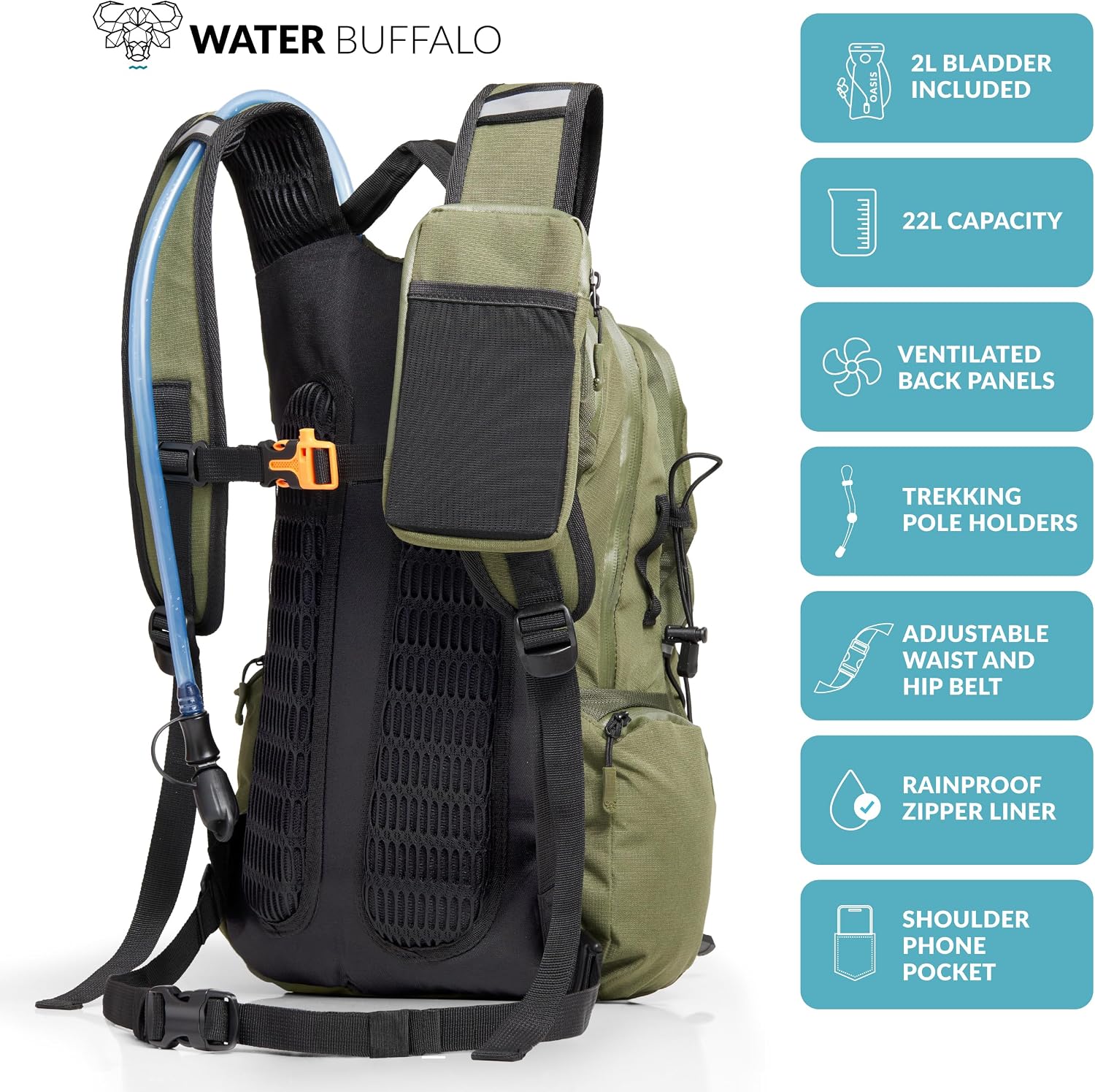 Water Buffalo Sherpa 22L Hiking Hydration Backpack, 2L Bladder - Image 2